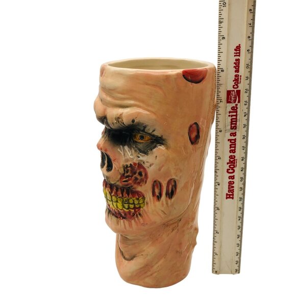 Zombie Head Ceramic Halloween Tumbler Vase Hand-Painted 3D Creepy Decor 10” Tall - Picture 6 of 9